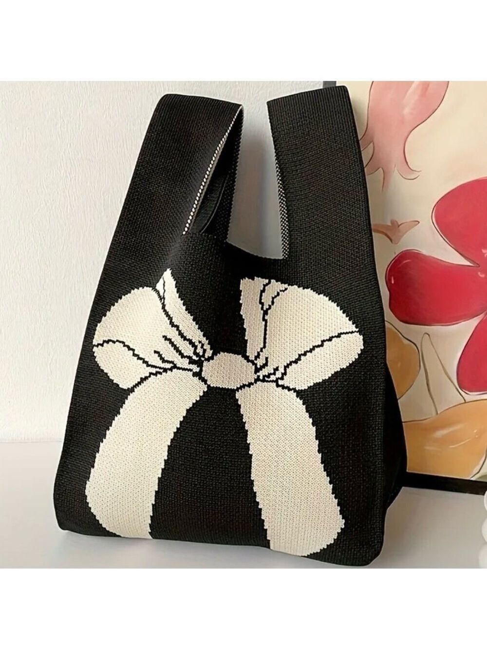 Heavy Woven Knit Bow Pattern Tote Purse Bag Japanese Knot Closure Style - Picture 4 of 4